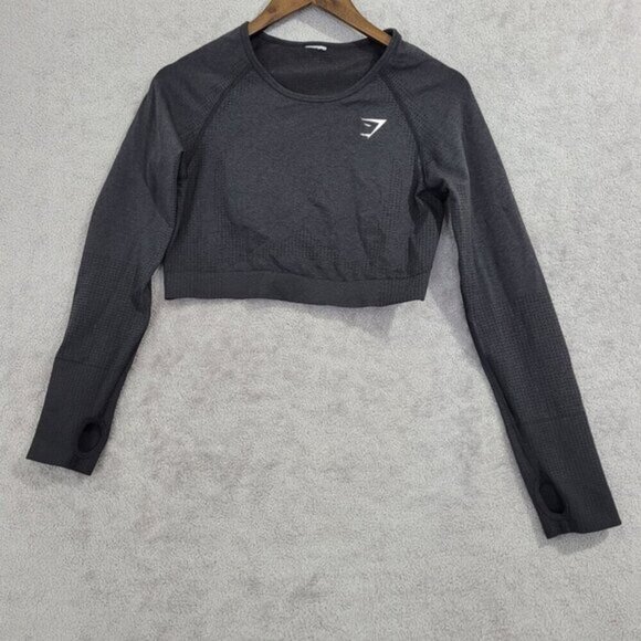 Gymshark Womens Long Sleeve Gray Cropped Top‎ With Thumbholes  JCT - Picture 1 of 6